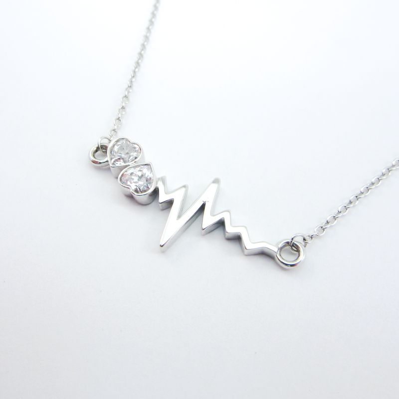 Sterling Silver Heartbeat Necklace with Two CZ Hearts - Click Image to Close